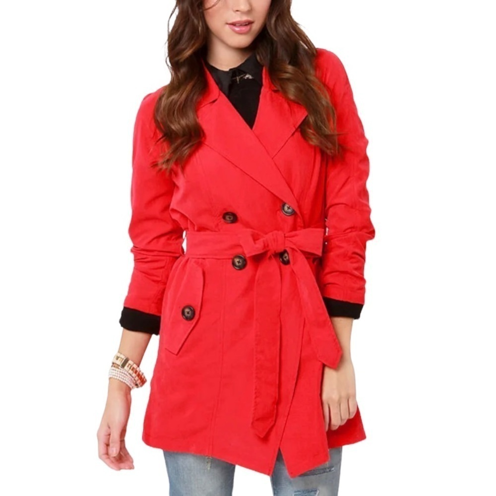 BB Dakota by Jack Hans Coral Red Trench Coat Double Breasted Sz L